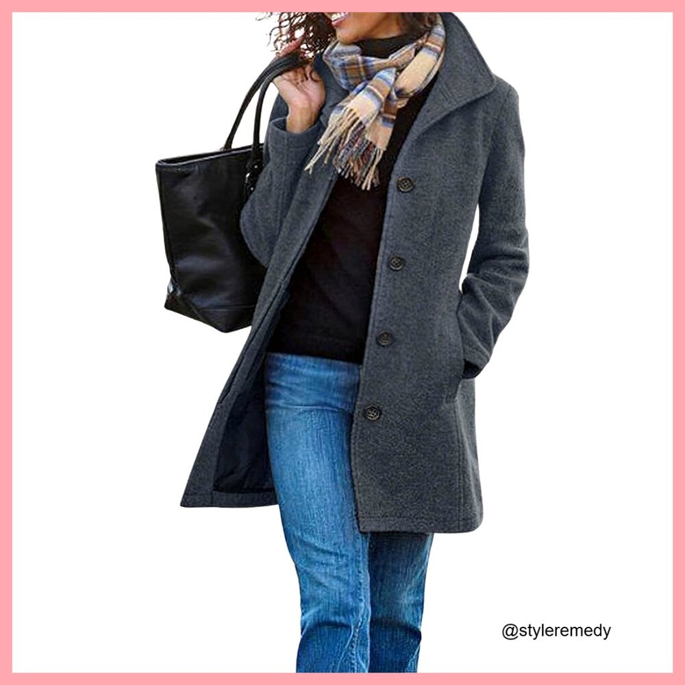 Wool Blend Pea Coat Stand Collar Single Breasted Mid Long Overcoat
